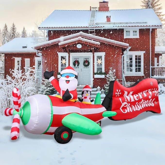 MUMTOP Christmas Inflatable Outdoor Decoration - 10FT Inflatable Santa and Penguin on Animated Helicopter with Rotating Propeller and Merry Christmas Banner Blow Up Inflatables for Garden Yard Decor