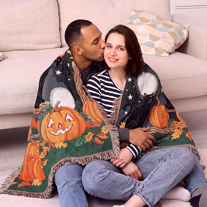 Moukeren 60 x 50 Inch Halloween Woven Tapestry Blanket with Pumpkin and Cat with Colorful Tassels for Couch Sofa Chair, and Wall Hanging Home Decor
