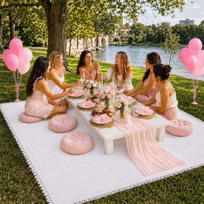 Cinrobiye Boho Picnic Party Set for Outdoor, Aesthetic Picnic Setup with Large Picnic Blanket, Floor Cushions, Table Runner, Napkins, Balloons for Wedding, Bridal Shower, Birthday(Pink)