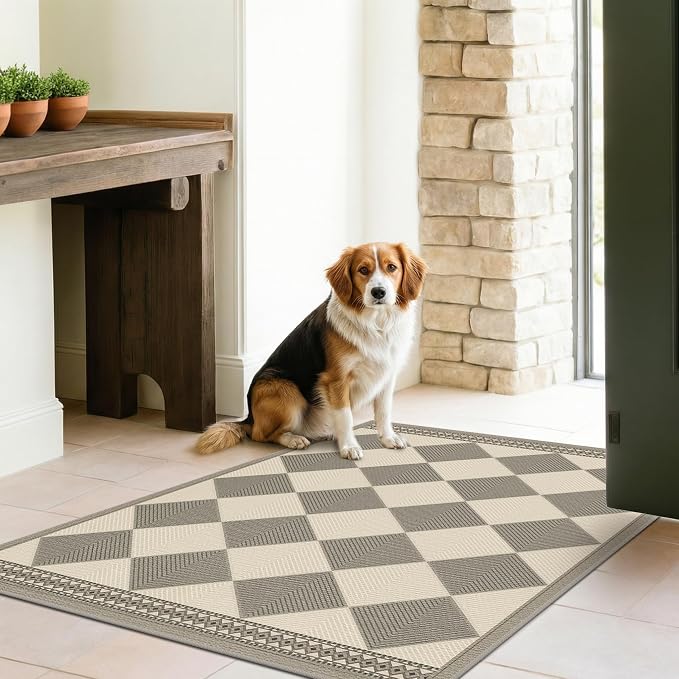 Beige Gray Diamond Easy Jute 3x4 Indoor Outdoor Rug, Checkered Farmhouse Geometric Decor Porch Entryway Carpet, Washable Non Slip Patio Rug for Laundry Room, Kitchen, Backyard or Mudroom