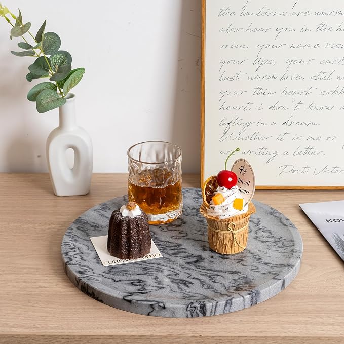 Karibiber Natural Marble Tray, 11.8in Serving Tray for Fruit, Round Decorative Vanity Dish for Jewelry&Key, Quality Storage Plate for Kitchen Coffee Table and Bathroom Desktop, Monte Grigio