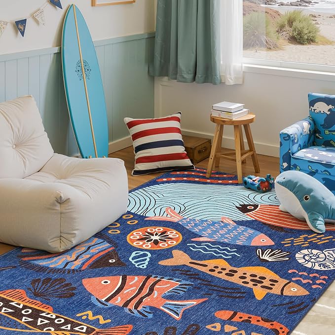 jinchan 5x7 Coastal Area Rug Kids Washable Fun Rug Colorful Ocean Fish Indoor Floor Cover Non Slip Lightweight Soft Cozy Carpet for Bedroom Nursery Playroom Daycare Living Room, Blue