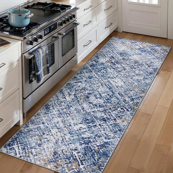 Tangsoo Blue Abstract 2x6 Washable Runner Rug, Modern Non Slip Runner Rugs | Contemporary Indoor Soft Low Pile Rugs for Hallway,Print Carpet Runners for Laundry Entryway Bedroom Kitchen Home Decor