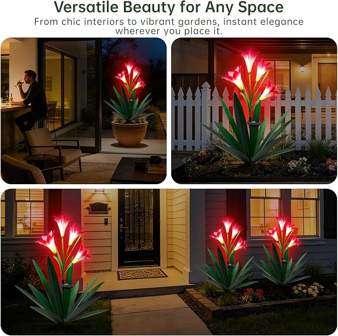Homight Solar Metal Agave Lily Flower Garden Sculpture with LED Lights 30.3 Inch Waterproof Outdoor/Indoor Yard Decor Handmade Lawn Ornament Gift for Family Friends (2, Grass Green)