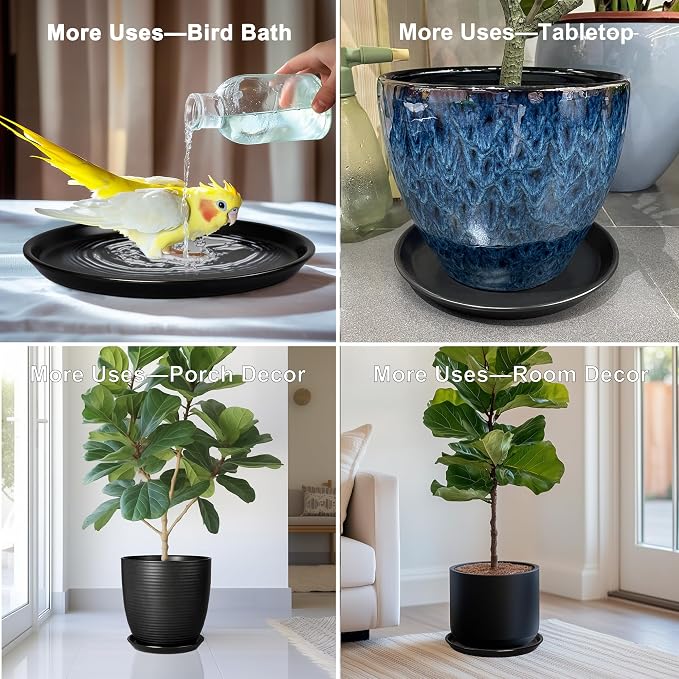 Plant Tray for Pots 10 Inch - Ceramic Plant Saucer for Indoors, Plant Drip Tray, Plant Plates to Catch Water, Flower Pot Saucer, Decorative Plant Drainage Tray, Black