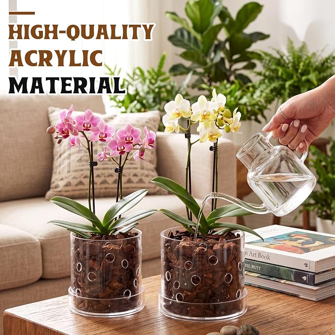 5 Inch 6 Inch Clear Acrylic Orchid Planter Pot with 360° Round Holes & Tray, Thick Acrylic Vented Planter for Phalaenopsis, Root Airflow, Bottom Watering & Indoor Orchid Repotting