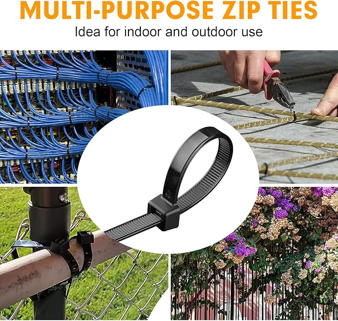 RAZCC 1200pcs Black Cable Zip Ties 12 Inch, Heavy Duty Plastic Nylon Tie Wraps with 50lb Tensile Strength for Indoor & Outdoor