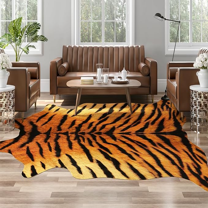 AROGAN Premium Tiger Print Rug, Faux Animal Hide Rugs, Non-Slip 6.2x7 Ft | Machine Washable Animal Print Hide Leopard Skin Area Rug for Bedroom Living Room Home Decor Pet Friendly