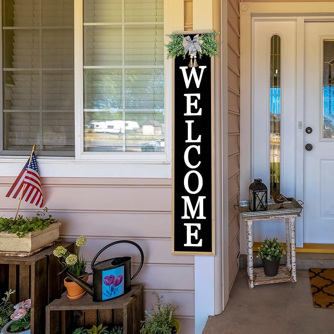 Welcome Sign for Front Porch Standing 45"X9" Large Vertical Farmhouse Outside Front Door Sign Leaner Tall Vintage Outdoor Wreath Patio Garden Wood Framed Decorations (Wood Black)