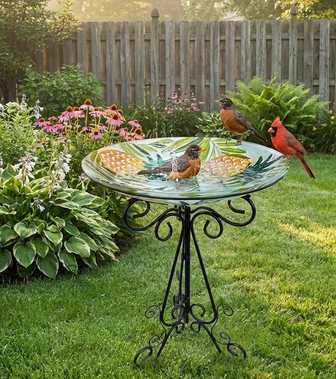 Large Bird Bath for Outside, Glass Bath Bowl with Metal Stand 28" H Standing Outdoor Birdbaths for Garden Yard Lawn Decor, Pineapple