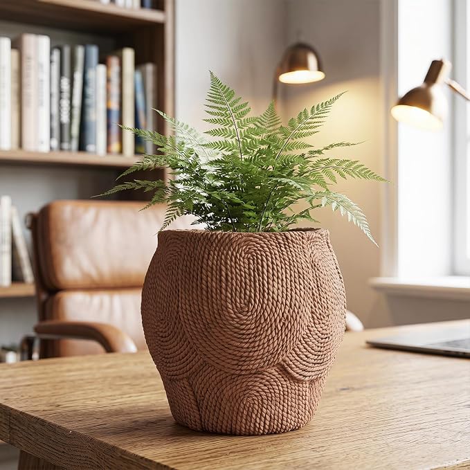 10.6" H x 11" Dia Fiberstone Planter Pot with Drainage Hole, Decorative Flower Pot for Indoor Outdoor Plants, Handcrafted Rope Texture Planter for Patio, Porch, Garden, Home Decor & Artificial Plants