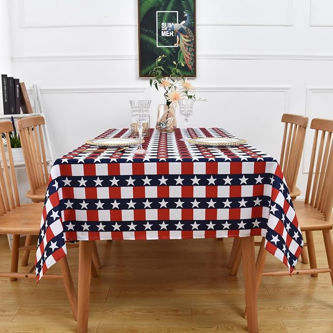 Classic 4th of July Tablecloth Fabric - Oblong 58x120 Water Resistant Chequered Memorial Table Cloth for Indoor/Outdoor Use - Tabletop Cover for Birthday, Picnics, Gardens, and Parties