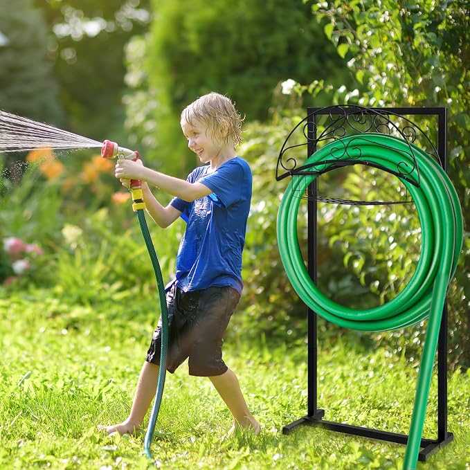 Heavy Duty Freestanding Garden Hose Reel with Storage Basket - Outdoor Hose Holder, Water Hose Storage Rack & Hanger for Yard, Lawn, Farm - Easy Roll for Outside