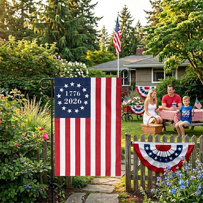 TOPFLAGS 250 Anniversary USA Flag Garden Flags 1776-2026 Betsy Ross Bennington Garden Flags 13 Star Colonies Double Side 12x18 Inch for Outside American Patriotic Banner