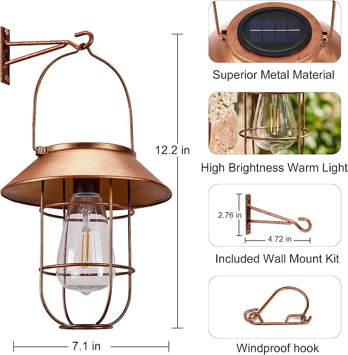 Livinlarge Solar Lanterns Outdoor Waterproof,Hanging Solar Lights for Outside with Wall Hooks Windproof Hook,Retro Metal Outdoor Lanterns Auto On/Off for Porch,Patio,Garden,Yard Decor 2 Pack(Bronze)