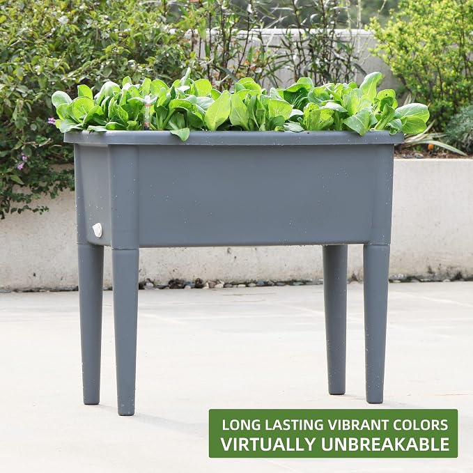 Dexceder 13.2 Gallon Self Watering Raised Garden Bed (Deep Gray) | Ventilation Transparent Lid Greenhouse, Deepen Vegetable Flower Box Planter Pot with Removeble Legs & Water Level Indicator