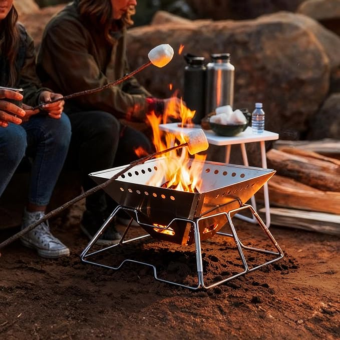 Portable Fire Pit with Grill for Camping, Heavy Duty Collapsible Foldable Fire Pit with Campfire Grill & Carry Bag for Outdoor, Backyard, Patio, Picnic, BBQ