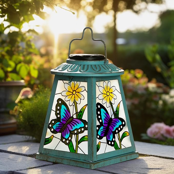 Butterfly Solar Lantern with Shepherd Hook, Outdoor Hanging Metal LED Garden Light Waterproof for Patio Yard Pathway, Butterfly Lantern Decor and Christmas Holiday Gift for Mom Grandma Women | Butterfly metal solar lantern with shepherd hook, S-hook, I...