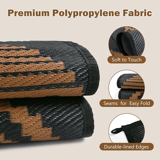 Lahome Outdoor Plastic Straw Rug, Reversible Outdoor Rug Waterproof 6x9 Patio Rugs, Camping Rugs for RV Backyard Deck Porch Picnic Beach Trailer (Black/Brown, 6' x 9')