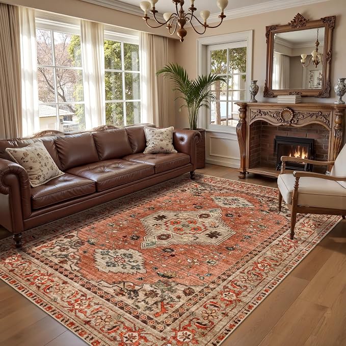 Tangsoo Boho 4x6 Area Rug for Living Room, Washable Non Slip Rug Terracotta | Oriental Machine Washable Large Rug Carpet, Vintage Soft Low Pile Foldable Rugs for Dining Room Bedroom Dorm Bedside Bathroom