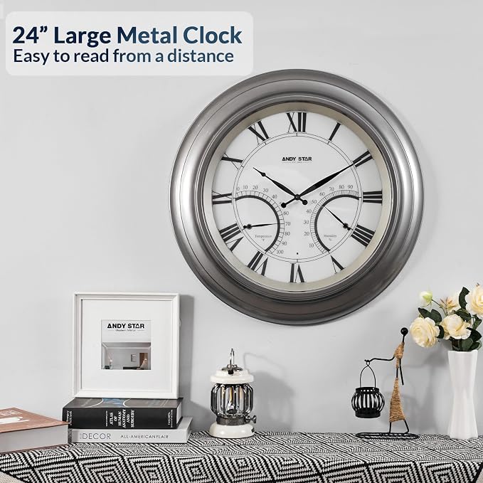 ANDY STAR 24 Inch Outdoor Clocks Waterproof,Large Outdoor Wall Clocks for Garden Patio Pool, Weatherproof Illuminated Metal Clock Battery Operated with Thermometer&Hygrometer, Silver Non Ticking