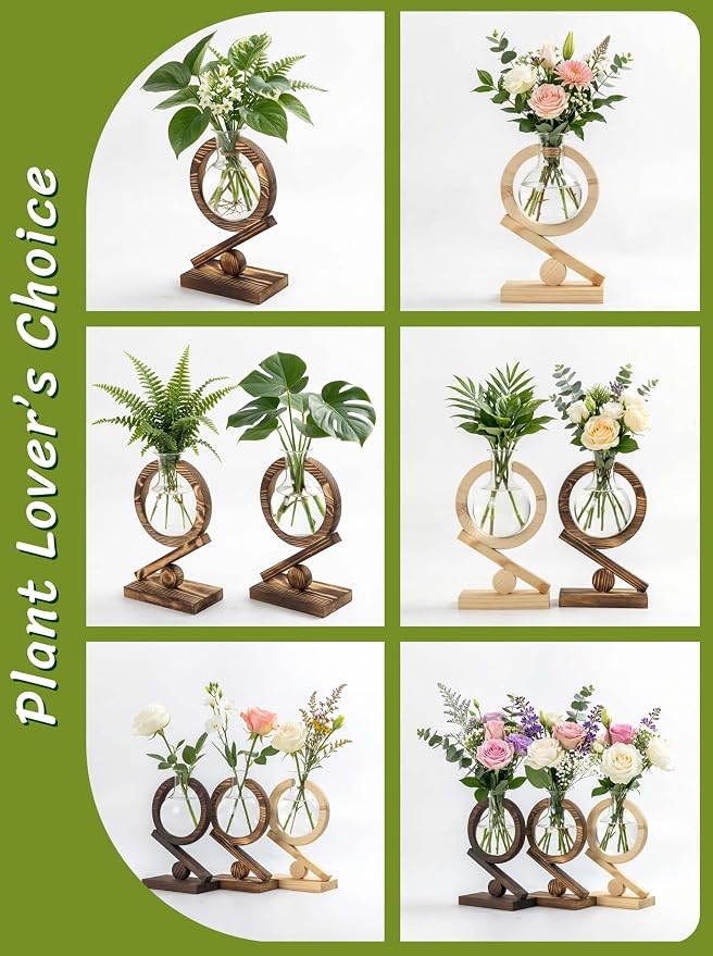 Glass Plant Propagation Station with Wooden Stand and Air Planter Bulb Vase, Planter Terrarium for Home Office Garden Boho Desk Decor,Mothers Day Vase (Dark Burnt Wood)