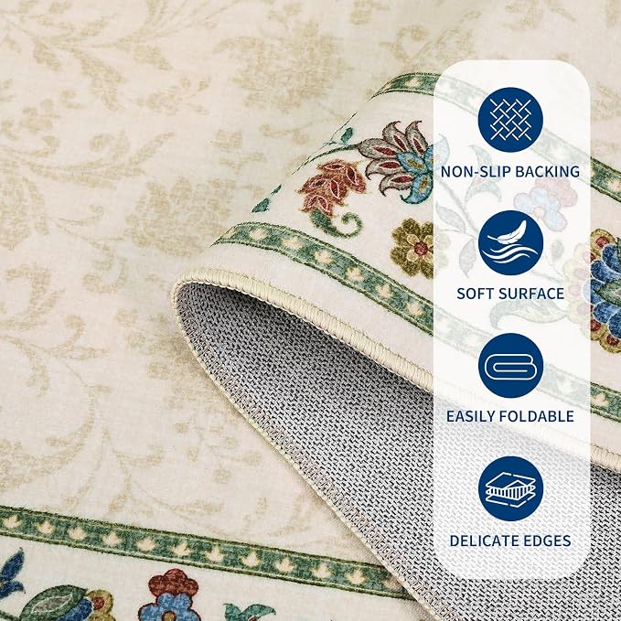 Garvee 8x10 Vintage Floral Washable Rugs for Living Room Bedroom Rug | Beige Boho Border Area Rug Stain Resistant Easy Cleaning Throw Rugs Low Pile Floor Cover for Nursery Dining Room Apartment