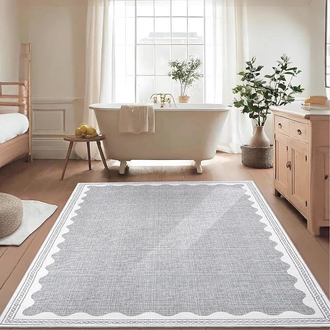 3x5 Scalloped Area Rugs Grey Washable Entryway Bedroom Rug | Solid Tan Rug for Bedroom Girls, Non Slip Throw Carpet With Rubber Back, Soft Dorm Nursery Scalloped Rugs for Dining Room