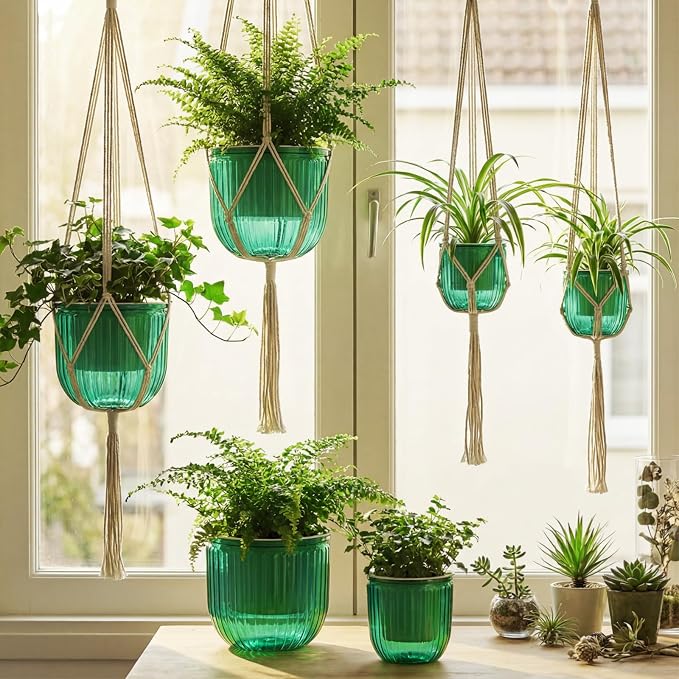 Hanging Planter Set of 6 Self Watering Indoor Flower Pots with Water Level Indicator Modern Plant Hangers for Indoor Garden Decor Balcony Apartment Boho Home Decoration Easy Care(Emerald)