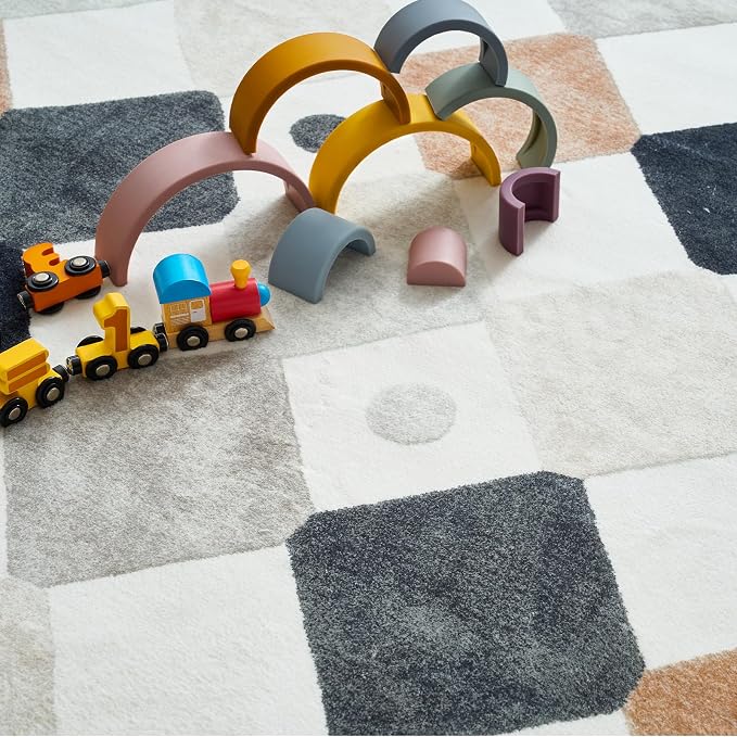 jinchan 3x5 Washable Playroom Rug for Kids Room Classroom Rug Marble | Soft, Non-Slip, Kid-Friendly, Checkered Diamond Design, Play Mat, Black White on Cream, Bedroom, Dorm, Daycare, Living Room