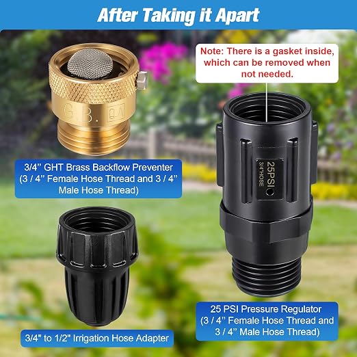 Feekoon 2 Set 25 Psi Drip Irrigation Faucet Adapter Kit 1/2'' Irrigation Tubing to 3/4'' Faucet Water Pressure Regulator Backflow Preventer with Filter, Drip System Parts