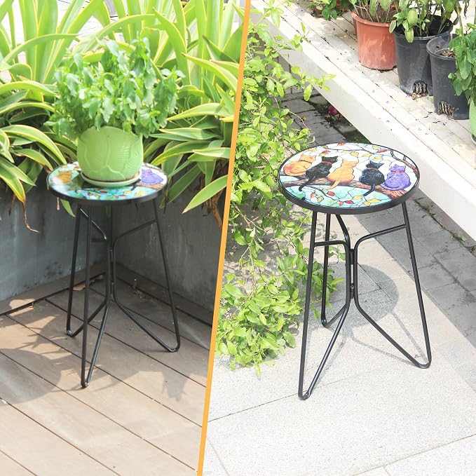 12 Inch Folding Outdoor Side Tea Table,Five Kitties Small Accent Tables, Plant Tables Indoor,Garden or Living Room Decor Afternoon Tea Dinner Table, Simple Assembly Cast Iron Plant Stand