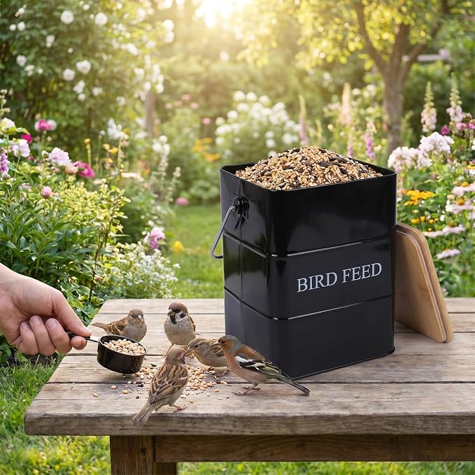 Metal Bird Seeds storage container,Outdoor Bird Container Canister, Pet Food Bin with Wooden Lid/Handle/Food scoop,hold 5-6 Lbs of Wild Bird Seed Sunflower Seed-Preventing Squirrels-Black