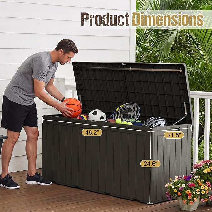 110 Gallon Deck Box Outdoor Indoor Waterproof Storage Box for Patio Furniture, Pool Accessories, Garden Tools, and Cushion Storage, Brown