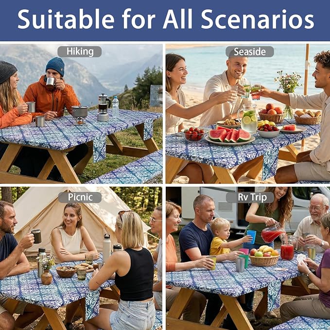 Fitted Waterproof Picnic Table Cover with Bench Covers Elastic Reusable Camping Table Cloths for 6Ft Rectangle Tables Summer Camp Motorhome Party Gear Outdoors Car Travel Trailer Gadgets Gift