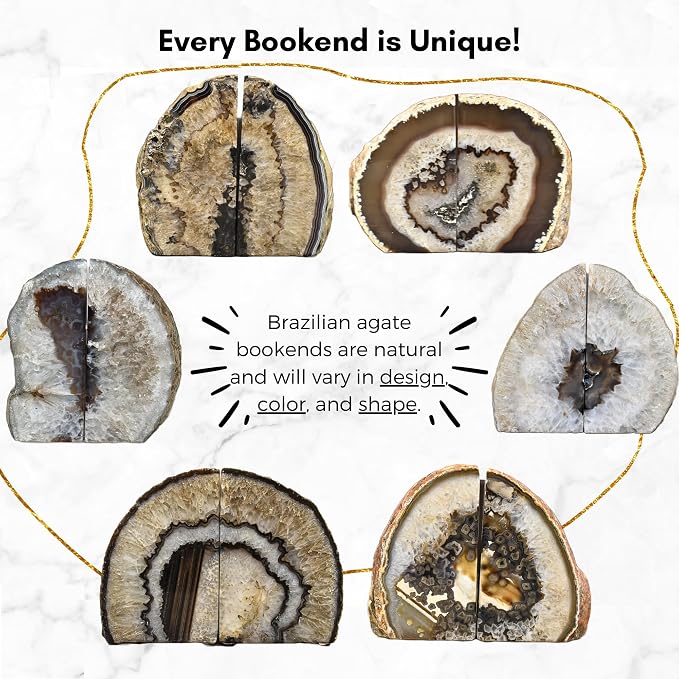 Nature's Decorations A Quality Black Agate Geode Bookends - Heavy Duty with Non-Skid Rubber Bumpers for Shelves, Office, Home Decor - Cool Crystal Stone (1 Pair 2-3 LB)