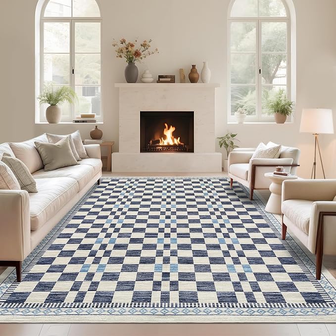 GarveeHome Washable 4x6 Area Rug for Baby Room Modern Abstract Checkered | Non-Slip Low Pile Kitchen Carpet Stain-Resistant No-Shedding High Traffic Area Rug for Dorm Home Dining Office Decor Blue