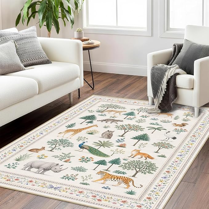 Jungle Animal Rug 3x5 Wild Zoo Animals Forest Area Rug for Entryway Living Room Machine Washable Non-Slip Printed Low-Pile Indoor Floor Carpet for Kids Room Nursery Bedroom Playroom,Beige