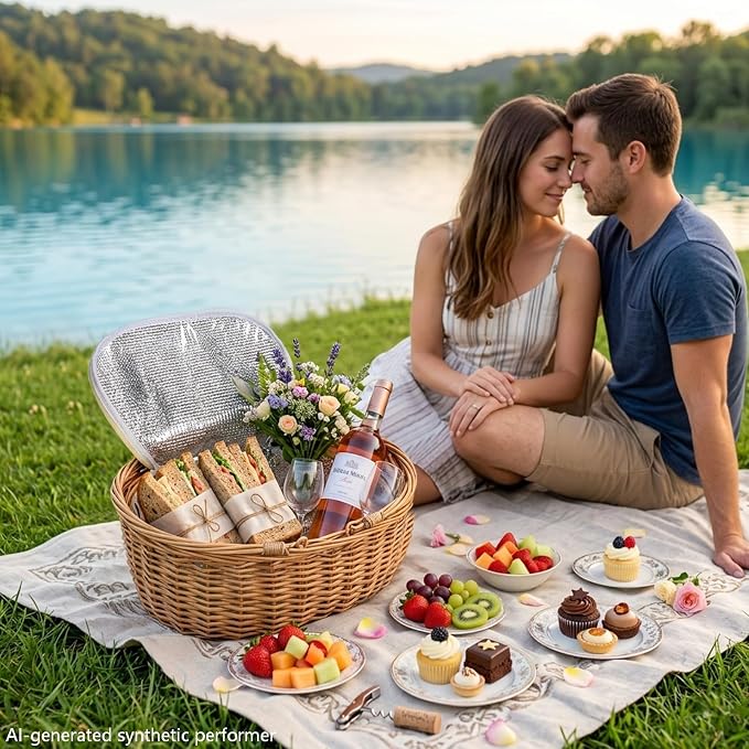 Wicker Picnic Basket with Insulated Lined Bag 15“ x 11” x 7“ Red, White,Blue Star Stripe Pattern, Iced Beer Insulated Bag for Camping, Picnics, Birthday Gifts, Wedding Gifts