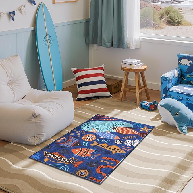 jinchan 2x3 Coastal Area Rug Washable Kids Rug Colorful Ocean Fish Mat Blue | Soft, Cozy, Non-Slip, Kid-Friendly, Lightweight, Entryway, Small Mat, Kitchen, Dorm, Bedroom, Laundry Room, Bathroom, Nursery