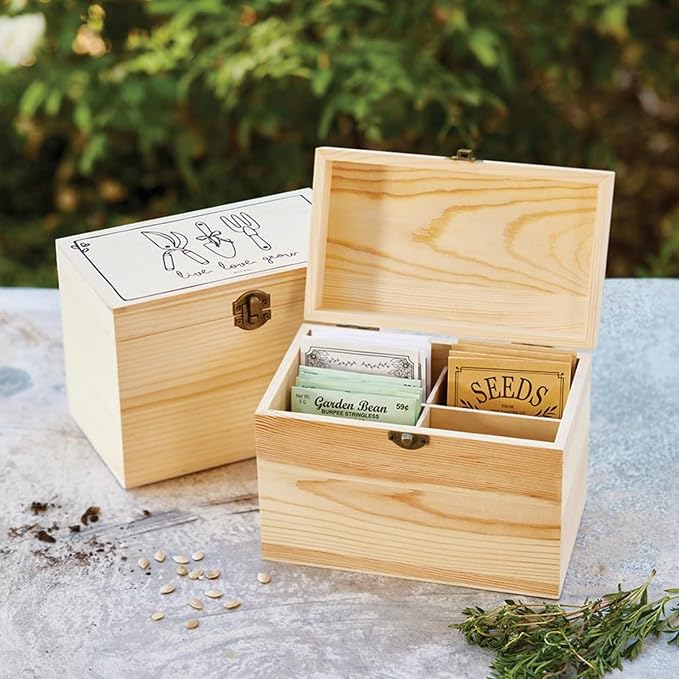 Santa Barbara Design Studio Seed Storage Box with 4 Dividers Wooden Storage Organizer, 7.75" x 4.5" x 5.5", Live Love Grow