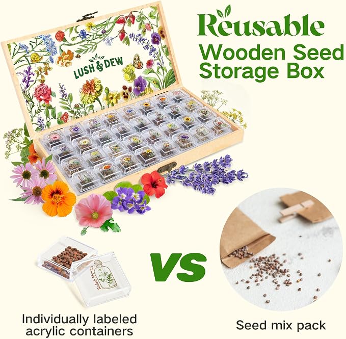 Lush&Dew Edible Flower Seed Bank with Almanac, Gardening Gifts for Women Men, 32 Types 30,000+ Non-GMO Heirloom Seeds for Planting Culinary Flowers, Survival Seed Kit, Annual Perennial, Zone 3-11