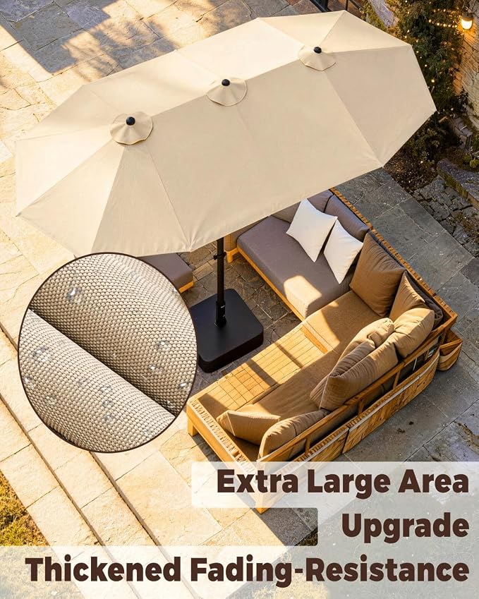 GDPFN 15FT Large Patio Umbrella with Base Included, Outdoor Deck Standing Umbrella with Crank Handle, Double-Side Rectangular Pool Umbrella for Outside, Market, Patio, Beige