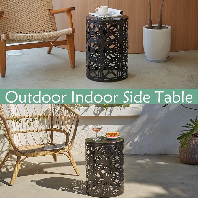 Y&M Outdoor Side Tables Set of 3, Round Metal Stacking Patio Side Tables, Indoor & Outdoor End Tables, Decorative Garden Stool Plant Stand for Patio, Garden, Balcony, Porch, Black with Bronze