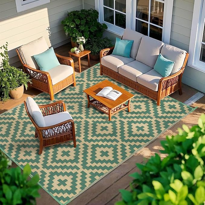 Outdoor Patio Plastic Straw Rug - 5x8 ft Outdoor Camping Rug Waterproof Reversible, Area Carpet Patios RV, Outside Porch Balcony Deck for Camper, Green & Yellow