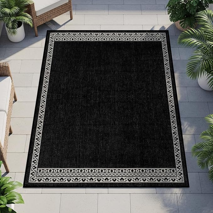 Washable Outdoor Rug 5x7 Modern Area Rugs Outdoor Carpets Bordered Pattern Non Shedding Waterproof Easy Clean Patio Deck Porch Living Room Bedroom Garden RV (5 X 7 Black)
