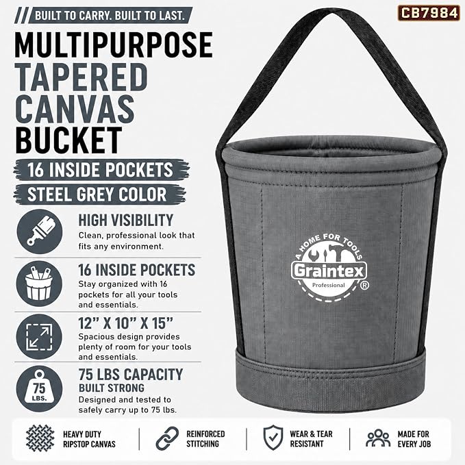 Graintex Canvas Utility Bucket 12"x10"x15". Tapered Tool Bucket, Reinforced Base & Carry Handle, Ripstop Canvas, Multi-Purpose Bag for Jobsite, Gardening, Home Use (Steel Grey)