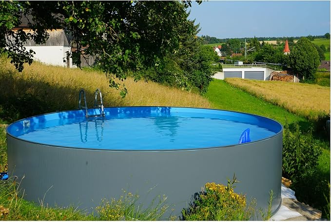 Steel Wall Pool Round Choice of Sizes 120 cm Deep Steel 0.4 mm Anthracite Foil 0.4 mm Blue Hanging Piping 450