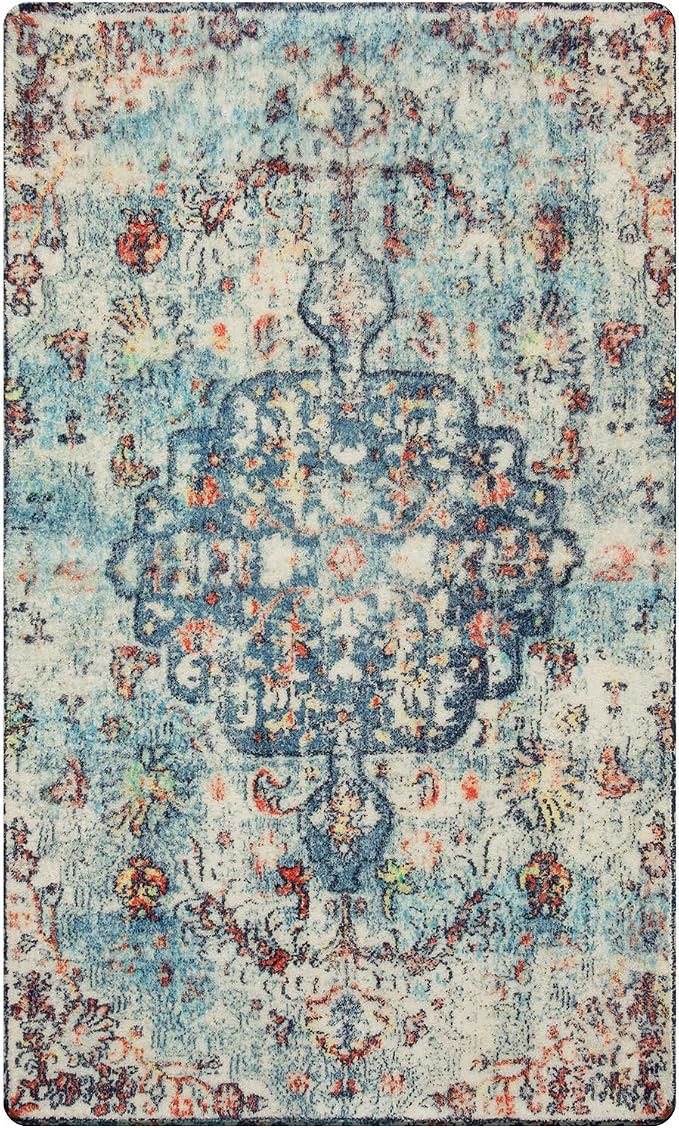 Lahome Reine Bohemian Floral Medallion Area Rug - 3x5 Vintage Teal Distressed Entry Throw Rug Turkish Faux Wool Accent Rug Non-Slip Washable Low-Pile Carpet for Bathroom Entrance Living Bedroom