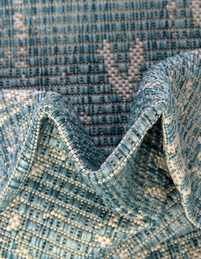Unique Loom Outdoor Bohemian Collection Area Rug - Anthro (3' 3" Round, Light Aqua/ Ivory)